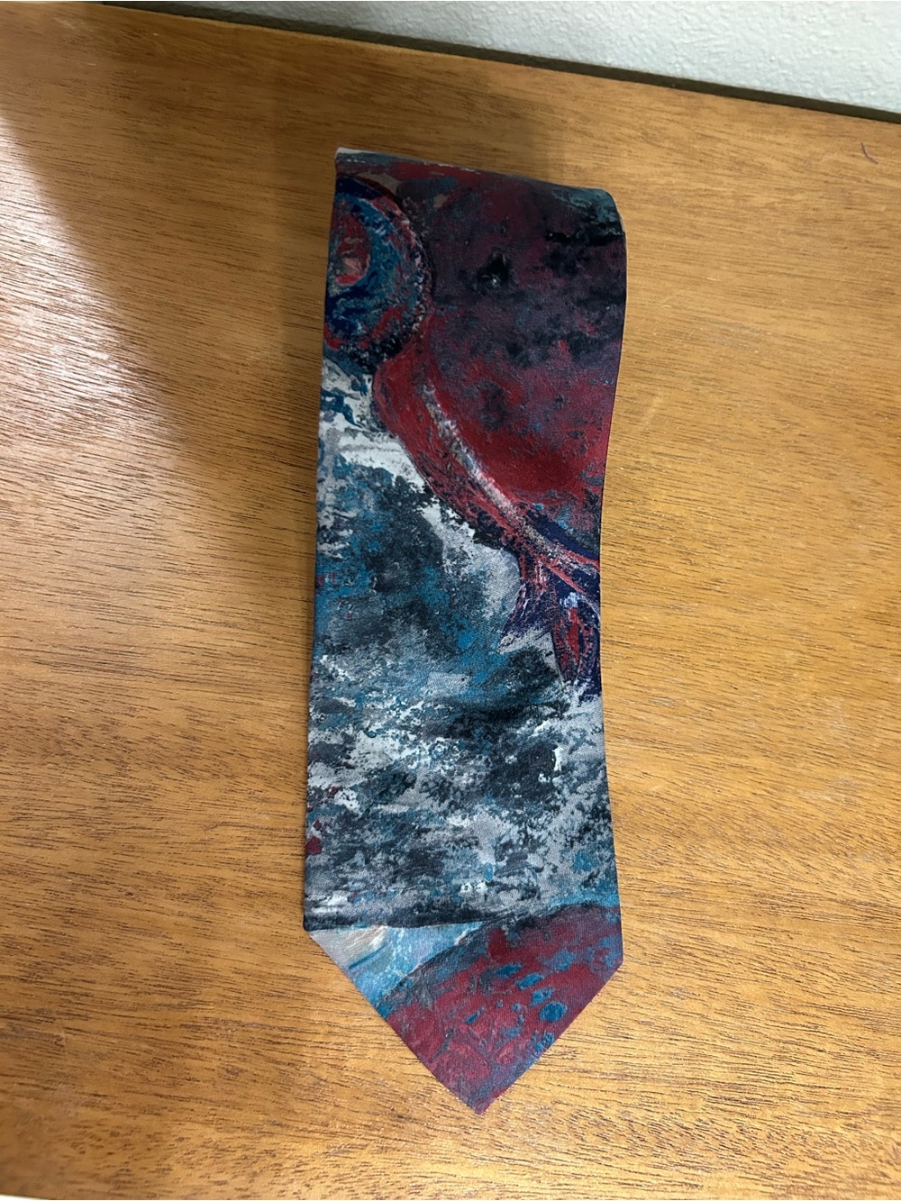 100% Silk Handmade Abstract Marbled Red and Blue Men's Tie